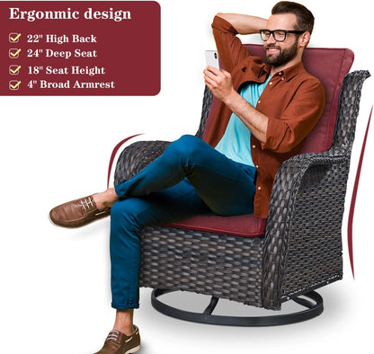Outdoor Swivel Rocker Patio Chairs - 360 Degree Swivel Glider Seating Wicker Rocking Chairs Set of 2 with High Back Deep Seat for Porch Balcony Deck, Brown/Red