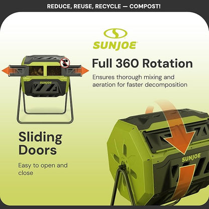 Sun Joe Outdoor Tumbling Composter Bin with 360° Dual Chamber, 2-10 Weeks Compost, 42 Gal - Rotating Composting Tumbler for Home Waste Management and Solution, SJ-CMPS1
