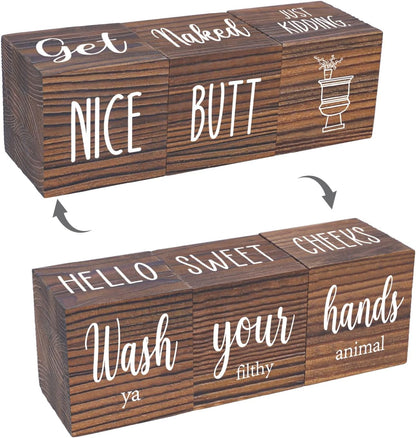Farmhouse Bathroom Decor, Wooden Cute Restroom Home Decoration, Funny 4-Sided Mordern Rustic Bathroom Blocks, Nice Butt&Get Naked&Hello Sweet Cheeks&Wash Your Hands Sign, Brown 2.8"