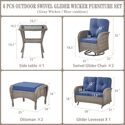 6 Pieces Wicker Patio Conversation Sets with Outdoor Swivel Rocker Chairs and Loveseat Glider Chair, All-Weather Rattan Furniture Set for Patio Deck Sunroom Backyard