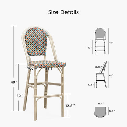 PURPLE LEAF French Bar Stool Set of 4 White Print Finish Patio Bar Stools with Back Rattan Bar Chairs Wicker Bar Height Stool 30" with Footrest Kitchen Island Stools Outdoor Barstool Colorful