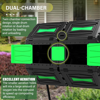 Compost Tumbler, 45 Gallon / 170L Dual Chamber Compost Bin Outdoor, 360° Rotating Composter Tumbler, BPA-Free Fast-Working All-Season Heavy-Duty Large Capacity Compost Bin Kitchen Garden Yard Waste