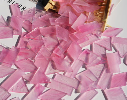 Crisp Texture Transparent Glass Mosaic Tiles, 200g Stained Glass Pieces, 4 Shapes Pre-Cut, Misty Pink