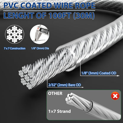 M6 Turnbuckles for Cables Wire Kit, 1/8" PVC Coated Steel Cable Kit w/ 7×7 Strand Core & 100Ft Wire Rope Tensioner Strainer for String Light Hanging/Deck Stair Railings/Shade Sail/Clothes Line