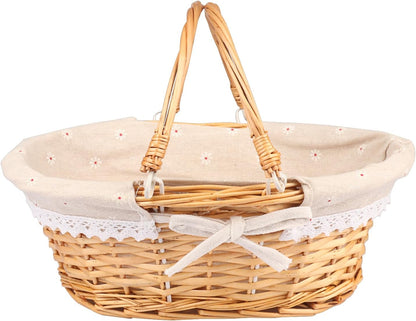 Large Multipurpose Wicker Basket with Handle, 14.2 x 11 x 6.7 Inch Wicker Picnic Basket with Liner, Empty Gift Basket, Oval Willow Woven Basket for Fruit, Wine, Gathering, Wedding, Picnic,by GNIEMCKIN