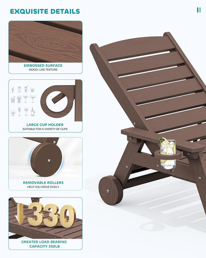 SERWALL Patio Chaise Lounge Chair Set of 2 with 9FT Patio Umbrella, 78'' HDPE Outdoor Lounger, Poly Lounge Chair with Rolling Wheels & Cup Holder for Pool,Coffee Brown (Umbrella Base not Included)