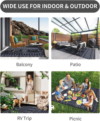 Outdoor Rug Carpet Waterproof 8x10 ft Patio Rug Mat Indoor Outdoor Area Rug for RV Camping Picnic Reversible Lightweight Plastic Straw Outside Rug for Patio Decor Decoration Boho Rug Navy Blue White