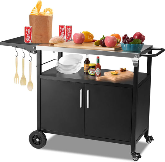 Spurgehom Outdoor Grill Cart, Pizza Oven Stand Table with Stainless Steel Top Movable Kitchen Cooking Prep Table BBQ Cart Kitchen Prep