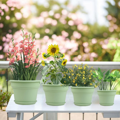 10 Inch Plastic-Flower-Pot-for-Indoor-Plants, 4 Pack Large Outdoor Planter Pot with Drainage Holes & Saucers, Resin Decorative Garden Pots Planters