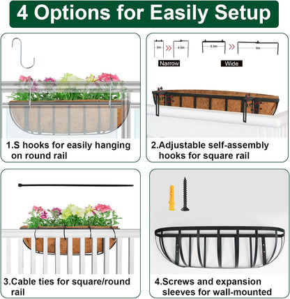 DUNCHATY Railing Planter Window Box - 4 Pack 24" Horse Trough Planter with Coco Fiber Liner - Deck Balcony Rail Planter for Porch Fence Patio Outdoor