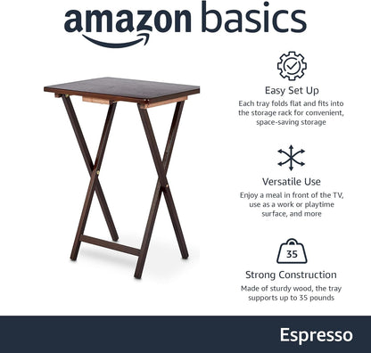 Amazon Basics Classic Foldable TV Dinner Tray Table with Storage Rack, 14.6 L x 19 W x 26 H inch, Espresso, 4-Pack