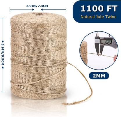 Vanhench Jute Twine Rope 1/13" (2mm) x 1100FT, Natural Jute String Cord for Crafts Gardening Garden Plant Gift Wrapping Rope Arts & Crafts Packing Material Christmas Twine Bulk Halloween Decorations