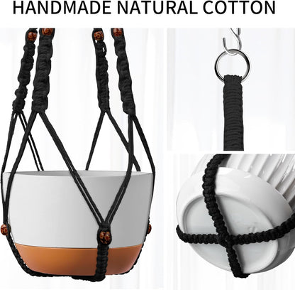 43 Inch Macrame Plant Hanger - Fits 6-15 Inch Pots, Extra Long Hanging Planter Holder for Indoor Outdoor, with Red Wood Beads, Boho Home Decor, 2 Pack, Black (POTS NOT Included)