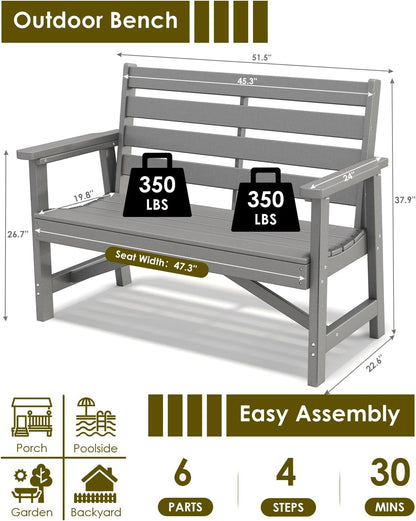 GREENVINES Outdoor Bench | HDPE | Garden Benches | All Weather | for Outdoors Patio Park Porch Outside Backyard | 2-Person | Grey
