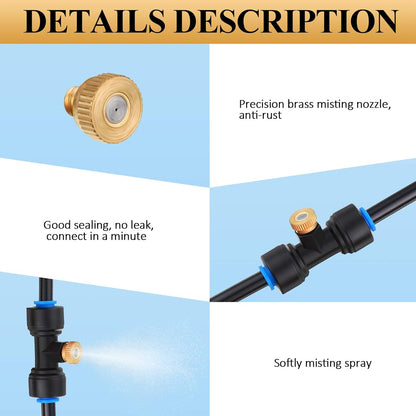 Hotop Brass Misting Nozzles 1/4 Inch Sliding Lock Mister Nozzles Tees with Plugs for Outdoor Cooling System Misting System(20 Pieces)