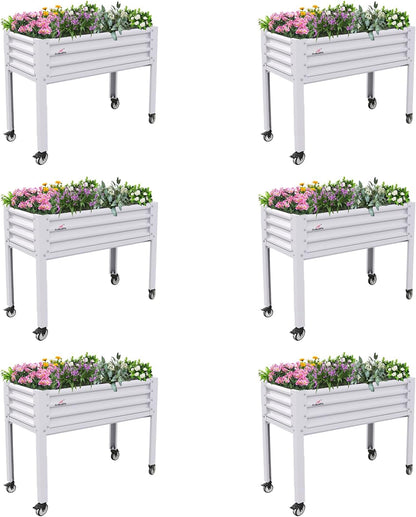 A ANLEOLIFE 6-Set Galvanized Raised Garden Bed with Legs,48x24x35in Large Elevated Planter Box on Wheels with Drainage Holes for Backyard, Balcony, Patio, 600lb Capacity, Antique White