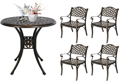 5 Piece Patio Dining Set, All Weather Cast Aluminum Outdoor Dining Table and Chairs Set of 4, Patio Furniture Conversation Set with 4 Chairs and 30.31" Round Table, 2.36" Umbrella Hole