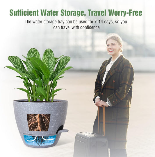 WOUSIWER 10 inch Self Watering Planters, 2 Pack Large Plastic Plant Pots with Deep Reservior and High Drainage Holes for Indoor Outdoor Plants and Flowers, Speckled Grey