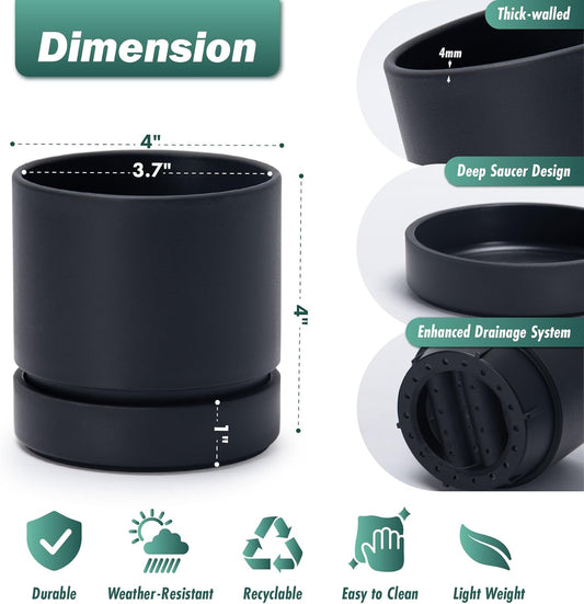 Phoenix Vine 4 Inch Planter Pot with Drainage Hole & Saucer, Deep Water Catch Tray, Straight Cylindrical Round Pot for Plants, Matte Black, Pack of 6, 23-C-R-6