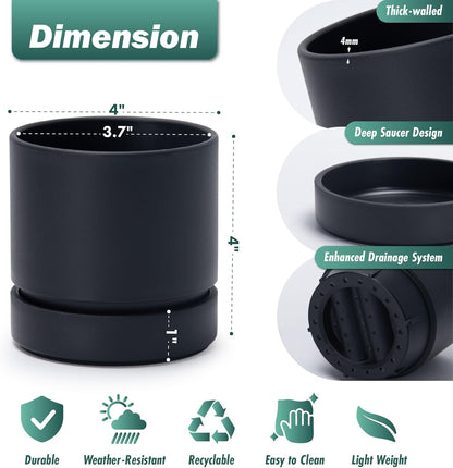 Phoenix Vine 4 Inch Planter Pot with Drainage Hole & Saucer, Deep Water Catch Tray, Straight Cylindrical Round Pot for Plants, Matte Black, Pack of 1, 23-C-R-1