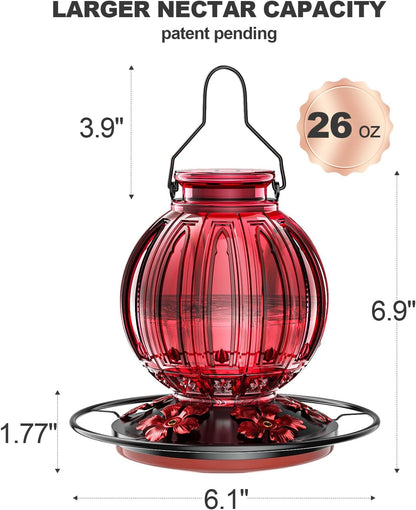 2 Pack Glass Hummingbird Feeder for Outdoors Hanging, Bird Nectar Feeder with Perch & 5 Flower Feeding Ports, 26 Oz Leak Proof for Outside Garden Decor Backyard, Gifts for Women Mom, Red & Green Blue