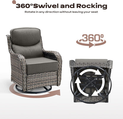 Wicker Outdoor Patio Furniture Set - 4 Piece Patio Conversation Set with Swivel Rocker Chairs and Ottomans, 6 inch Cushions, High Back, Deep Seating, for Porch Deck Garden Mixed Grey/Grey