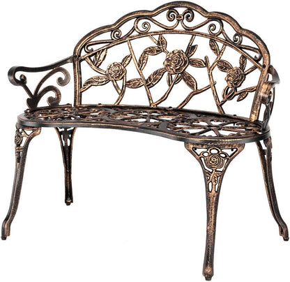VINGLI 38.5" Patio Park Garden Outdoor Metal Rose Bench,Cast Iron Cast Aluminium Frame Antique Finish Chair,Accented Lawn Front Porch Path Yard Decor Deck Furniture for 2 Person Seat（Bronze
