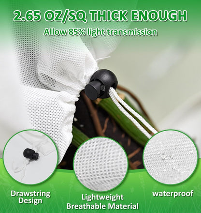 EAONE 12 Pack Plant Covers Freeze Protection, 32x47'' Winter Frosts Cloth for Outdoor Plants, Reusable Frost Blankets Drawstring Bags for Cold Freeze Sun Protection Bird Insect Prevention,White