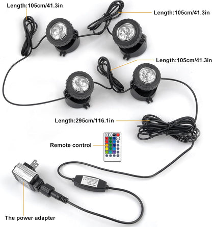 RGB Pond Lights with Timer, LED Underwater Submersible Colorful Landscape Spotlights, 98ft Remote Control IP68 Waterproof Fountain Lights for Fish Aquarium Tank Garden Yard Pool (Set of 4)