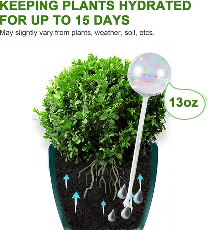 4PCS Extra Large Plant Watering Globes, 13 oz Up to 15 Days Light Iridescent Glass Self Water Bulbs for Indoor Outdoor Plants, Vacation Automatic Planter Waterer System Self-Watering Stakes