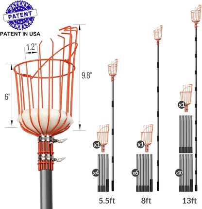 Walensee 13FT Fruit Picker, Adjustable Fruits Picker Tool with Lightweight Stainless Steel Pole and Big Basket, Fruit Catcher Equipment Tree Picker for Apples Mango Pear Orange Avocados Fruit Picking