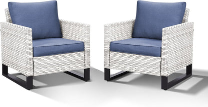 HUMMUH Outdoor Chairs PE Wicker Patio Dining Chairs Set of 2 Metal Frame Porch Chairs with 4 inch Seat Blue Cushions