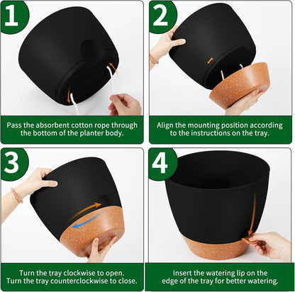 GARDIFE 12 inch planters, Plant Pots,Self Watering Pots, Large Plastic Flower pots with Deep Reservior and High Drainage Holes for Indoor Outdoor Plants and Flowers, Black