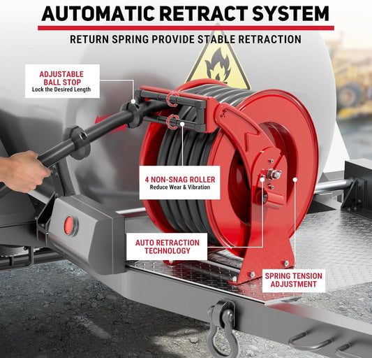 Fuel Hose Reel, 1" x 33' Retractable Diesel Fuel Heavy-duty Steel Construction with Refueling Nozzle, 300 PSI Diesel Reel Used for Aircraft Ship Vehicle Tanker Truck