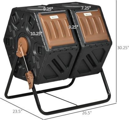 Compost Bin Outdoor, 43 Gallon Dual Chamber Tumbling Composting with Sliding Doors, Large Compost Tumbler, Compost Bin for Garden, Kitchen, and Yard Waste, Black+Brown