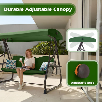 3-Seat Patio Porch Swing 800LBS Outdoor Swing with Stand w/Canopy & Adjustable Backrest Patio Glider Chair w/Removable Pillows & Foldable Side Tray for Balcony Garden Deck (Green)