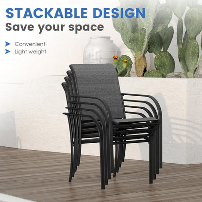 VICLLAX Patio Dining Set for 8, 9 Pieces Outdoor Furniture Set Includes 56.3" Round Patio Table and 8 Patio Stackable Chairs, Outdoor Table and Chairs for Outsides, Black Tabletop and Dark Grey Fabric