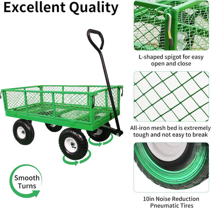 AAIN 600 lbs Metal Garden Cart,Heavy Duty Garden Wagon with Removable Steel Mesh Sides, Utility Yard Cart with 180° Rotating Handle and 10-inch Wheels—Perfect for Gardens, Farms, and Yards, Green