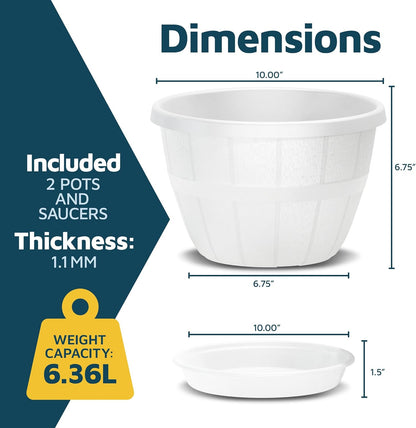 10-Inch Whiskey Barrel Planters Outdoor Pack of 2 - Durable Plastic Plant Pots for Indoor & Outdoor Use with Drainage & Saucer, Lightweight Rustic Barrel Planters for Flowers, Herbs & Small Plants
