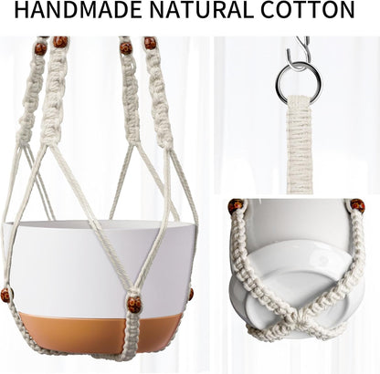 43 Inch Macrame Plant Hanger - Fits 6-15 Inch Pots, Extra Long Hanging Planter Holder for Indoor Outdoor, with Red Wood Beads, Boho Home Decor, 2 Pack, Ivory (POTS NOT Included)
