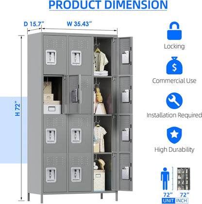 METAN Metal Storage Locker for School Office Gym Bedroom, 12 Doors Locker Cabinet for Employees, Industrial Steel Storage Locker with 12 Hooks, Assembly Required (12 Door-Light Gray)