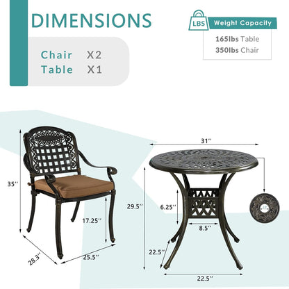 MEETWARM 3 Piece Patio Bistro Set, Outdoor All-Weather Cast Aluminum Dining Furniture Set Includes 2 Chairs with Cushions and a 31” Round Table with Umbrella Hole for Garden Deck