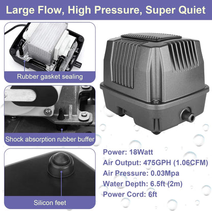 AquaMiracle Koi Pond Aerator Pond Air Pump with Self-Sinking Airline Rubber Air Diffuser, Air Flow Control Pond Deicer All-in-One Pond Aeration Kit for Outdoor Pond 5,000-10,000 Gallons