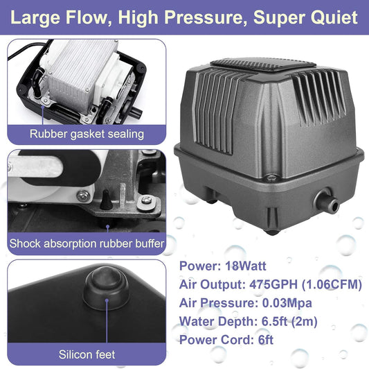 AquaMiracle Koi Pond Aerator Pond Air Pump with Self-Sinking Airline Rubber Air Diffuser, Air Flow Control Pond Deicer All-in-One Pond Aeration Kit for Outdoor Pond 5,000-10,000 Gallons