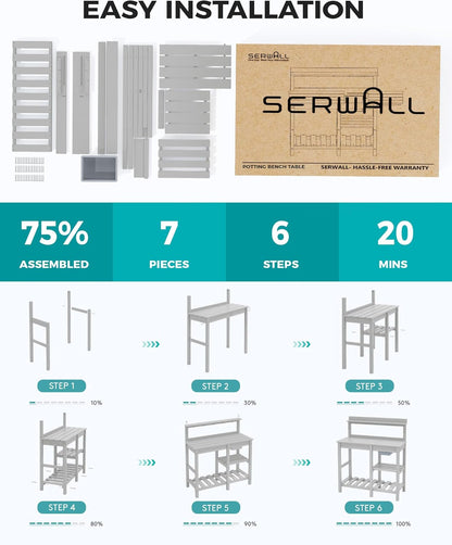 SERWALL Potting Bench Set of 2 Outdoor Potting Table with Sink, HDPE Potting Benches for Outside Gardening Table All Weather Use- Spanish Gray