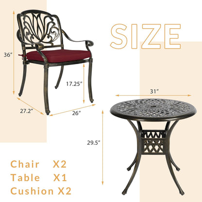 3-Piece Outdoor Patio Dining Set, All-Weather Cast Aluminum Patio Furniture Set for Backyard Garden Deck with 2 Cushioned Chairs and 31” Round Table, 2" Umbrella Hole, Chili Red