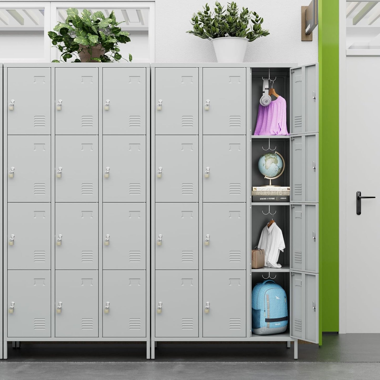 12 Doors Metal Storage Locker, 72" H Employees Lockers Storage Cabinet with 12 Hooks for Home, Office, Gym, School, Assembly Required, Light Gray
