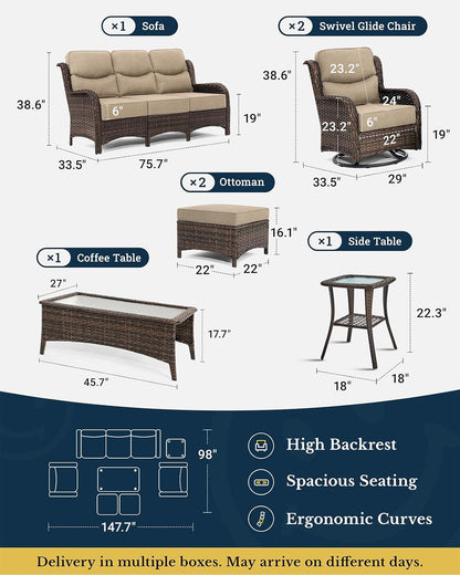 HILLGA Luxury Patio Furniture Set with 6-inch Thick Cushion, Outdoor Couch and High Back Swivel Rocker Patio Chairs, 7PCS Wicker Conversation Set for Deck Yard and Poolside, Beige (V2)
