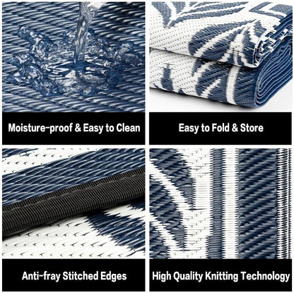 Outdoor Plastic Straw Rug, Waterproof Mat, Washable Large Floor Mat and Rug for Outdoors, RV, Beach, Patio, Camping, Backyard, Deck, Picnic, Outside (Olive-Leaf/Dark Blue&White,9x12ft)