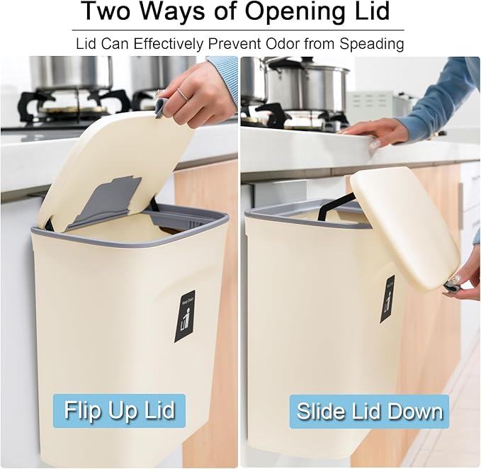 Tiyafuro 2.4 Gallon Kitchen Compost Bin for Counter Top or Under Sink, Hanging Small Trash Can with Lid for Cupboard/Bathroom/Bedroom/Office/Camping, Mountable Indoor Compost Bucket, Beige